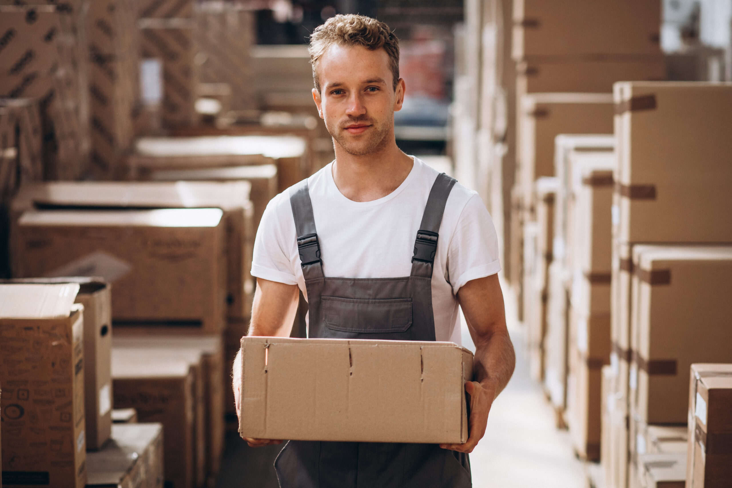 Young man working at a warehouse with boxes
